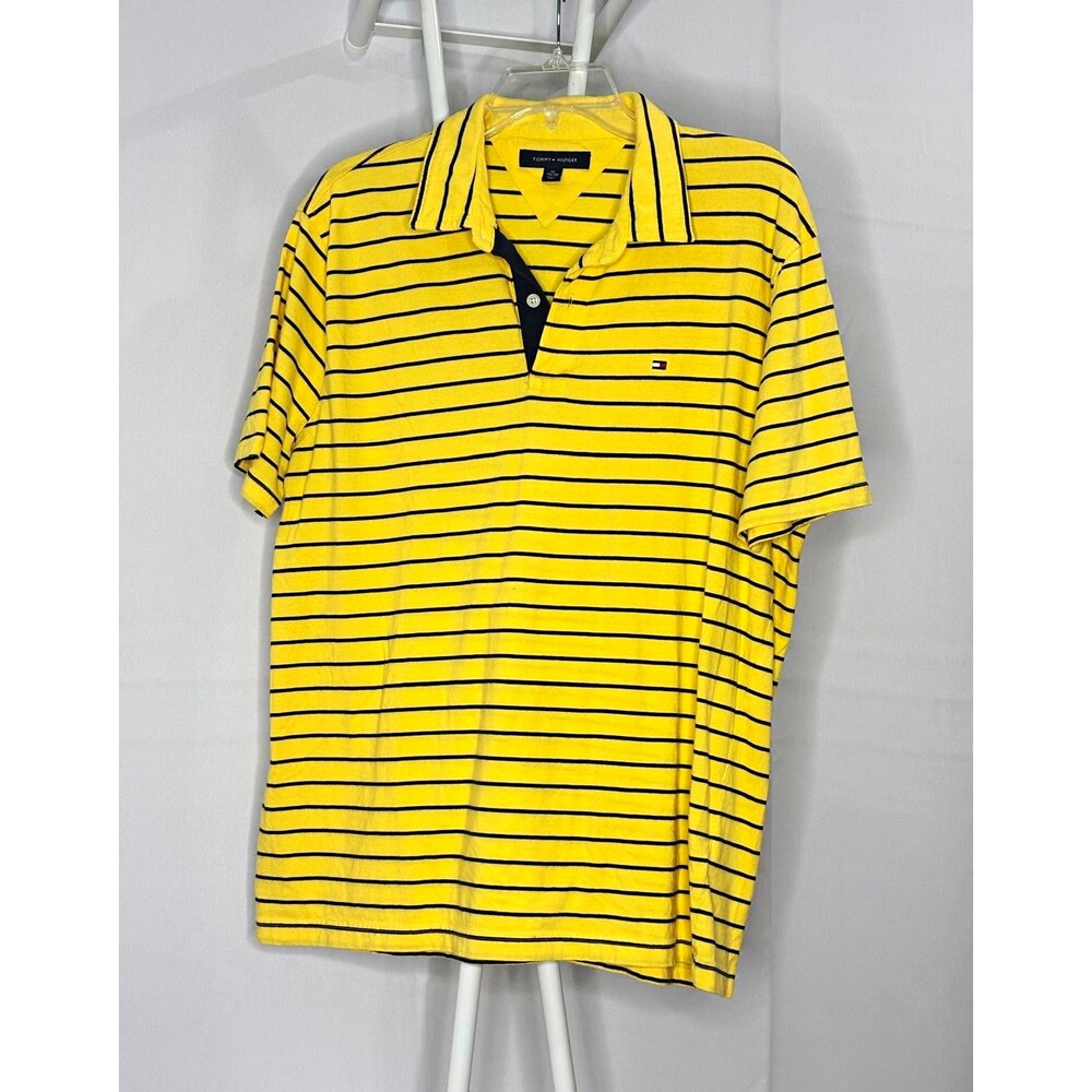 Tommy Hilfiger Men’s XL Yellow Black Striped Polo Shirt Short Sleeve Logo